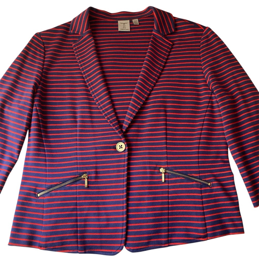 TRISTAN | Red and Blue Striped Fitted Knit Blazer Size M Like New